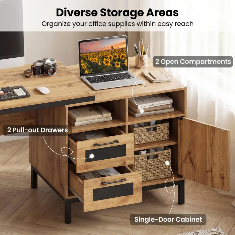 71-Inch Computer Table with Open Compartments and Drawers-Natural - Natural - Computer Desks