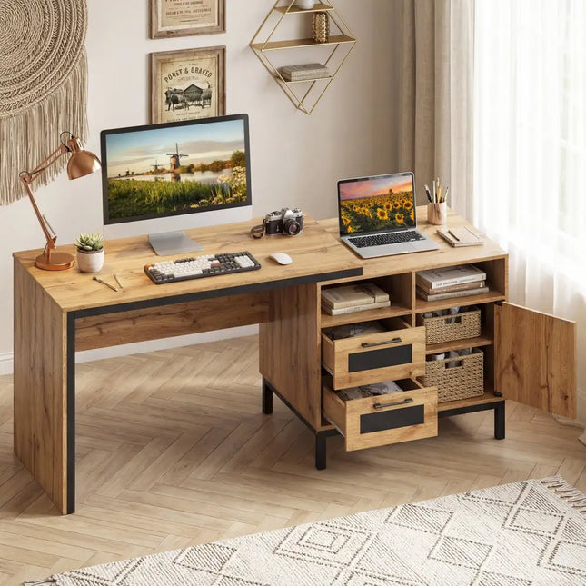 71-Inch Computer Table with Open Compartments and Drawers-Natural - Natural - Computer Desks