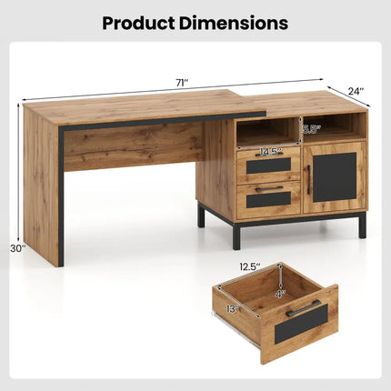 71-Inch Computer Table with Open Compartments and Drawers-Natural - Natural - Computer Desks