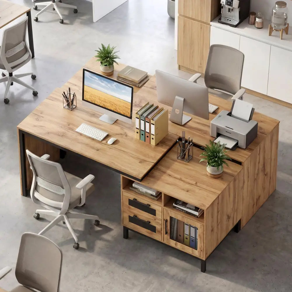 71-Inch Computer Table with Open Compartments and Drawers-Natural - Natural - Computer Desks
