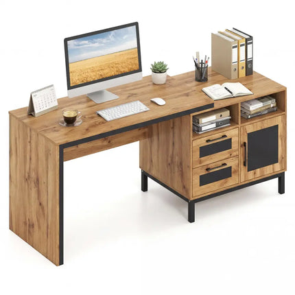 71-Inch Computer Table with Open Compartments and Drawers-Natural - Natural - Computer Desks