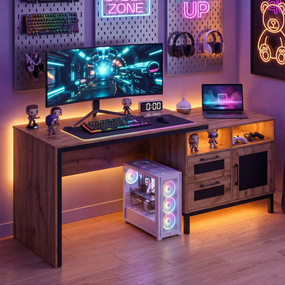 71-Inch Computer Table with Open Compartments and Drawers-Natural - Natural - Computer Desks