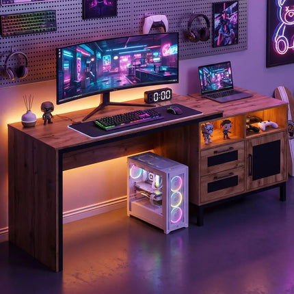 71-Inch Computer Table with Open Compartments and Drawers-Natural - Natural - Computer Desks