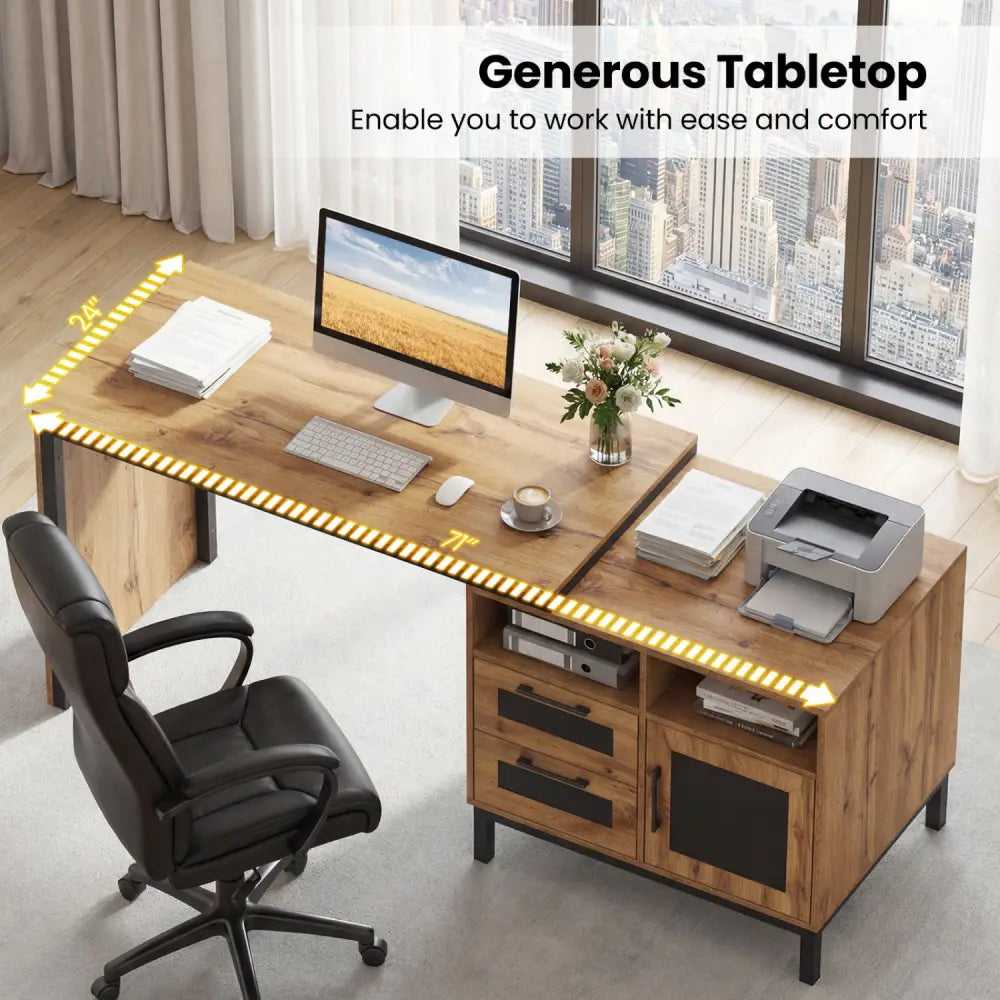 71-Inch Computer Table with Open Compartments and Drawers-Natural - Natural - Computer Desks