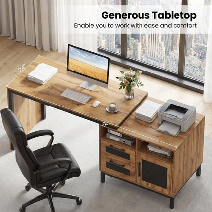 71-Inch Computer Table with Open Compartments and Drawers-Natural - Natural - Computer Desks