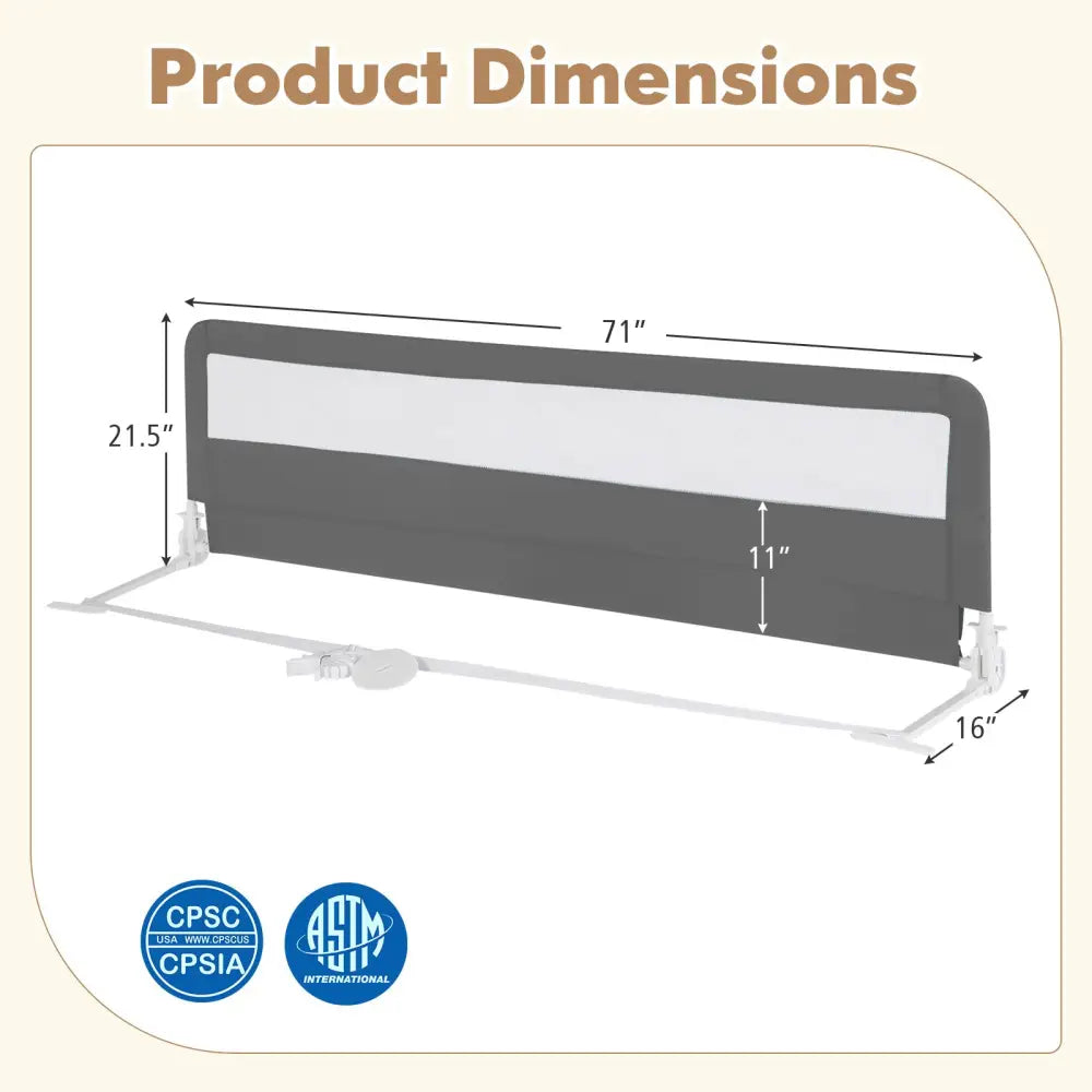 71 Inch Extra Long Swing Down Bed Guardrail with Safety Straps-Gray - Gray - Bed Rails