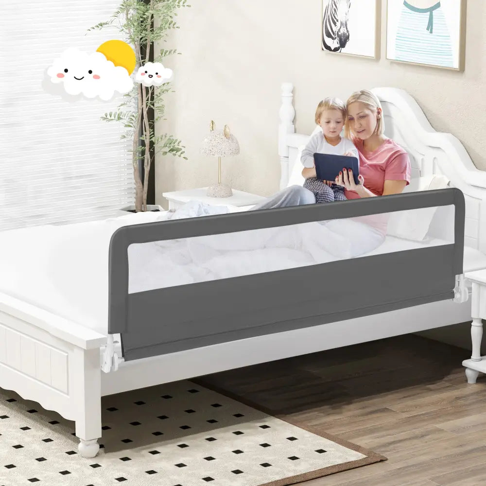 71 Inch Extra Long Swing Down Bed Guardrail with Safety Straps-Gray - Gray - Bed Rails