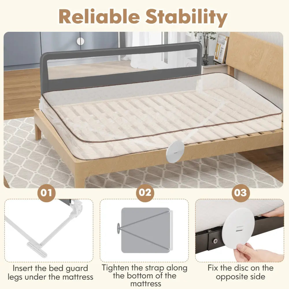 71 Inch Extra Long Swing Down Bed Guardrail with Safety Straps-Gray - Gray - Bed Rails