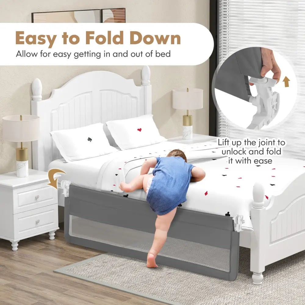 71 Inch Extra Long Swing Down Bed Guardrail with Safety Straps-Gray - Gray - Bed Rails