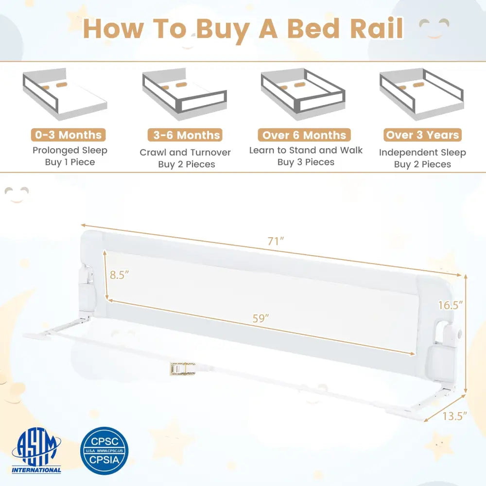 71-Inch Foldable Bed Rail Swing Down Baby Bed Guard Rail with Adjustable Safety Strap-White - White - Bed Rails