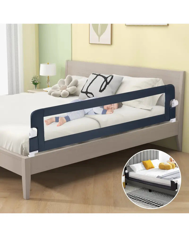 71-Inch Foldable Bed Rail Swing Down Baby Bed Guard Rail with Adjustable Safety Strap-Blue - Blue - Bed Rails