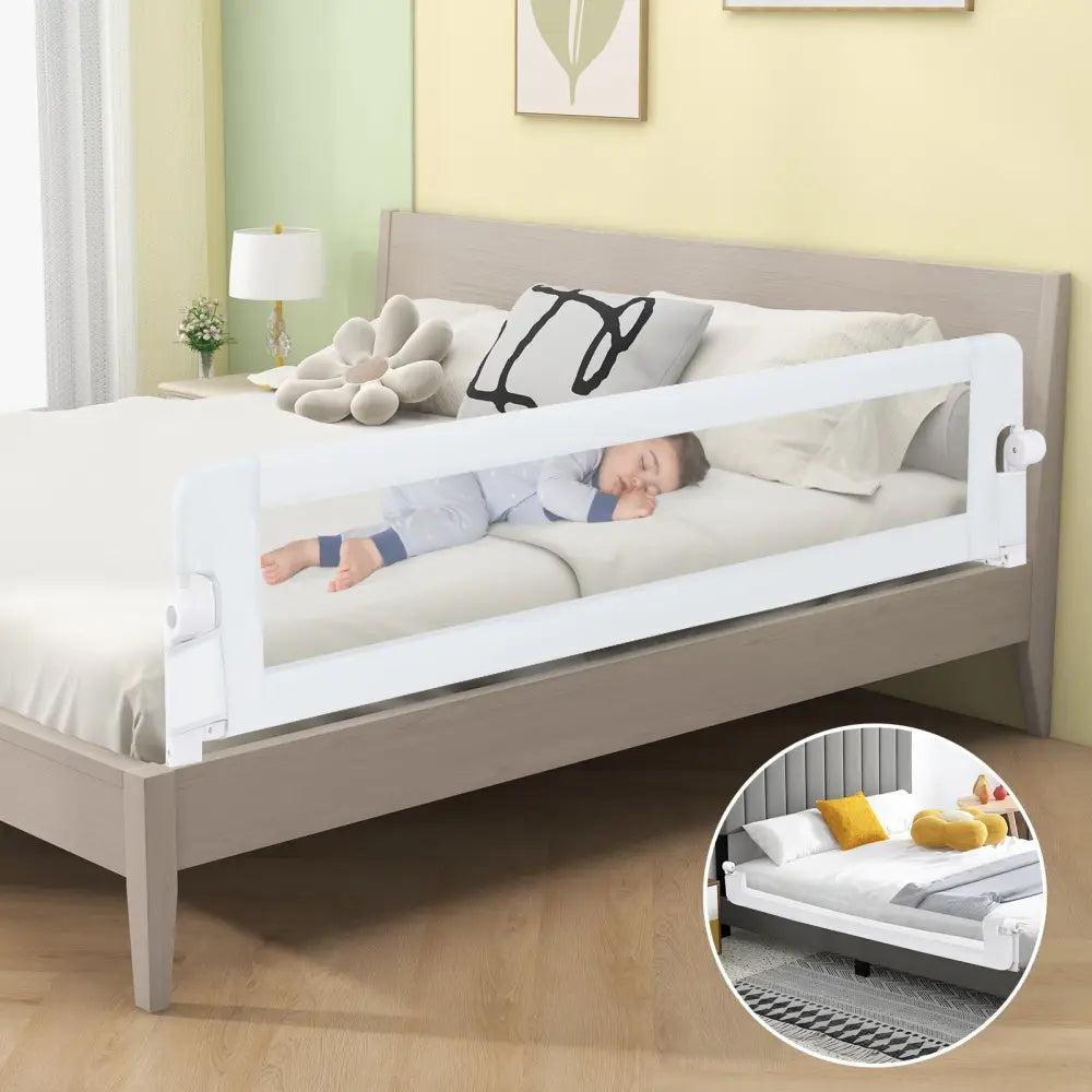 71-Inch Foldable Bed Rail Swing Down Baby Bed Guard Rail with Adjustable Safety Strap-White - White - Bed Rails