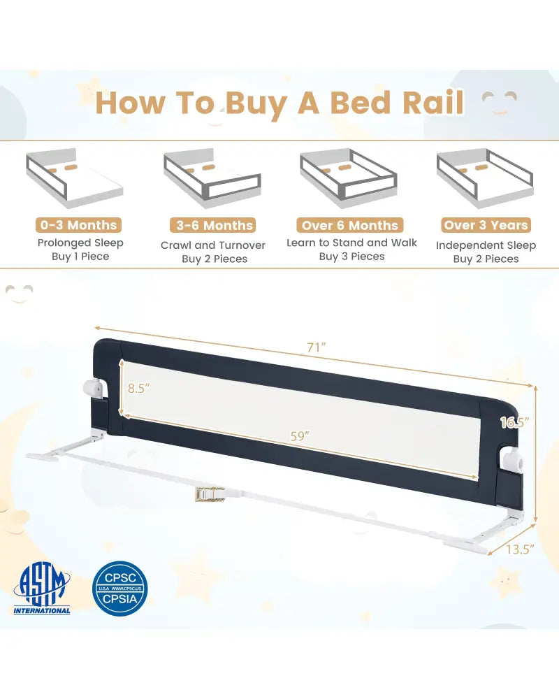 71-Inch Foldable Bed Rail Swing Down Baby Bed Guard Rail with Adjustable Safety Strap-Blue - Blue - Bed Rails