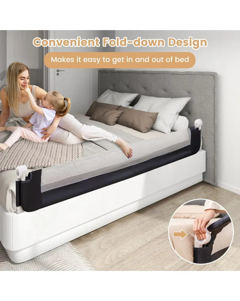 71-Inch Foldable Bed Rail Swing Down Baby Bed Guard Rail with Adjustable Safety Strap-Blue - Blue - Bed Rails