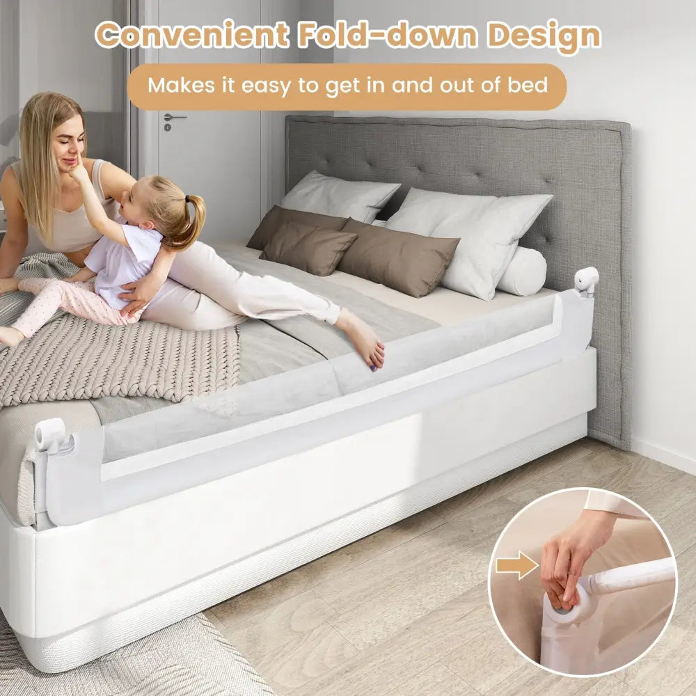 71-Inch Foldable Bed Rail Swing Down Baby Bed Guard Rail with Adjustable Safety Strap-White - White - Bed Rails