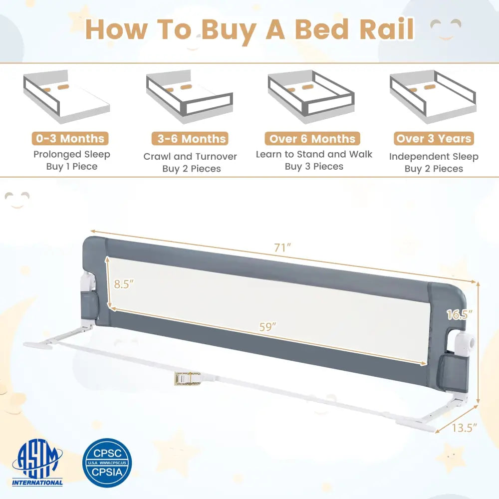 71-Inch Foldable Bed Rail Swing Down Baby Bed Guard Rail with Adjustable Safety Strap-Gray - Gray - Bed Rails