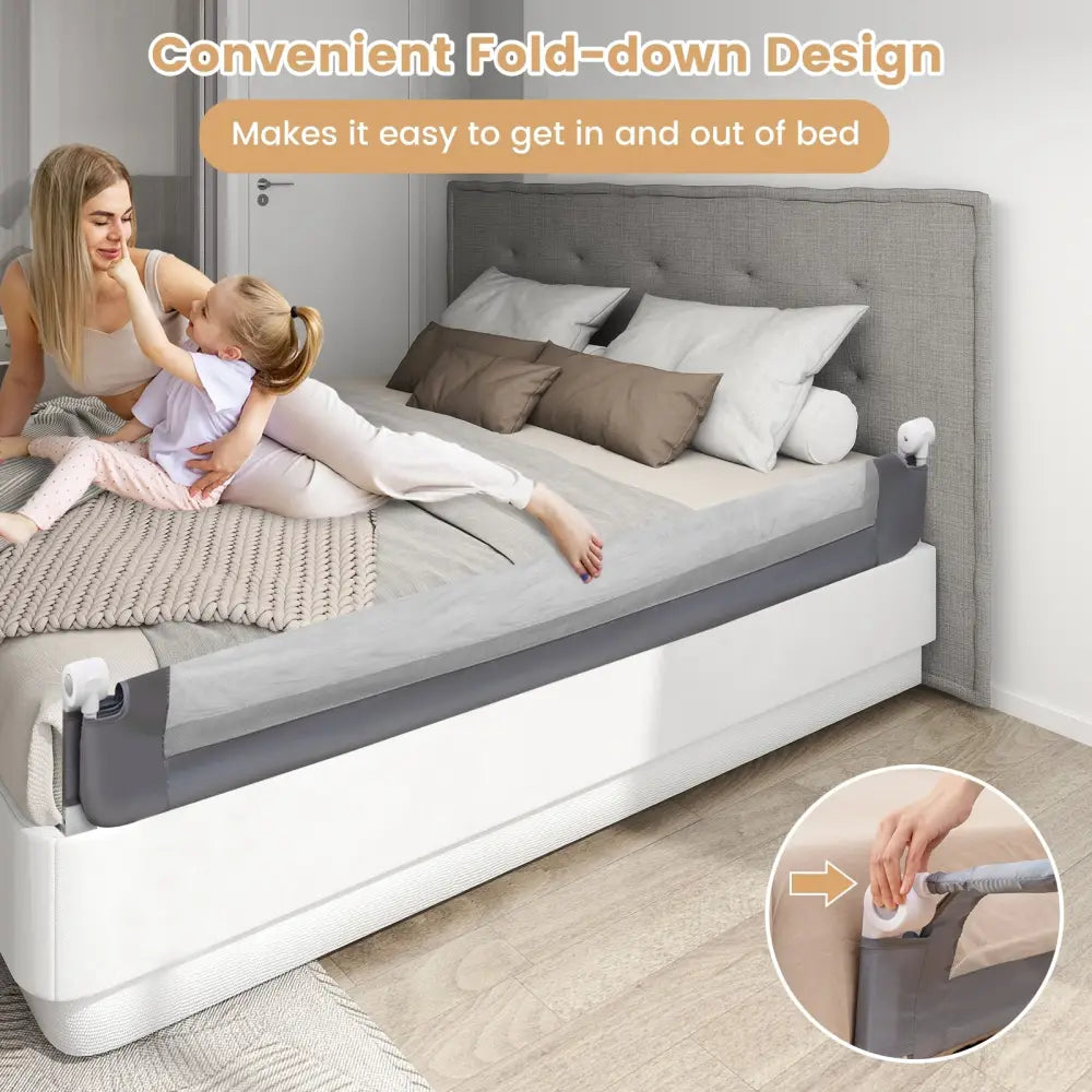 71-Inch Foldable Bed Rail Swing Down Baby Bed Guard Rail with Adjustable Safety Strap-Gray - Gray - Bed Rails