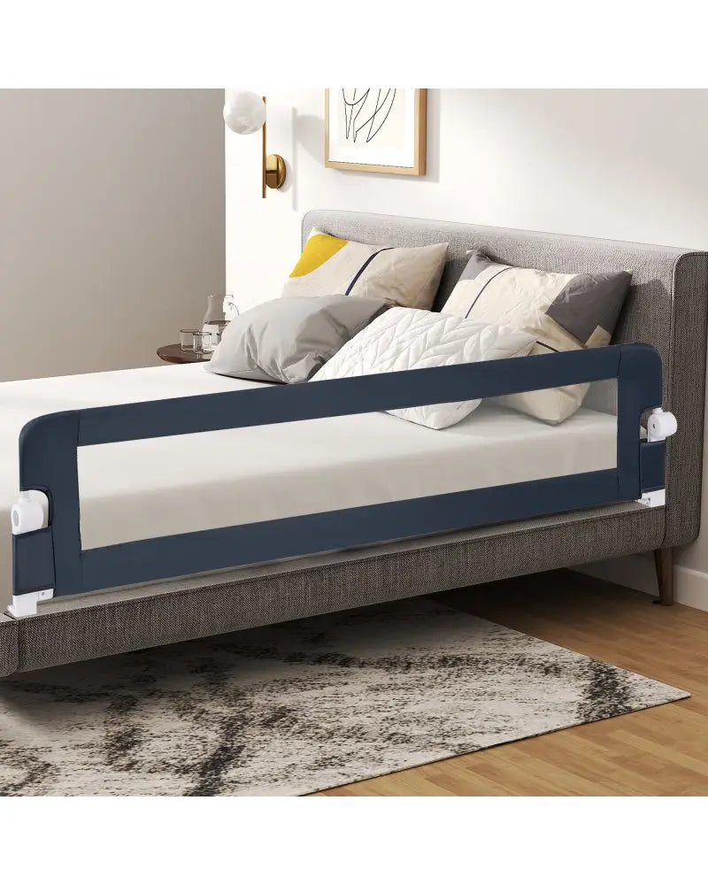 71-Inch Foldable Bed Rail Swing Down Baby Bed Guard Rail with Adjustable Safety Strap-Blue - Blue - Bed Rails