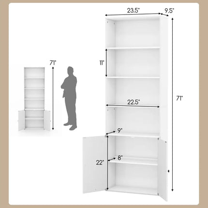 71 Inch Freestanding Bookshelf with 6 Shelves and 2-Door Cabinet-White - White - Bookcases