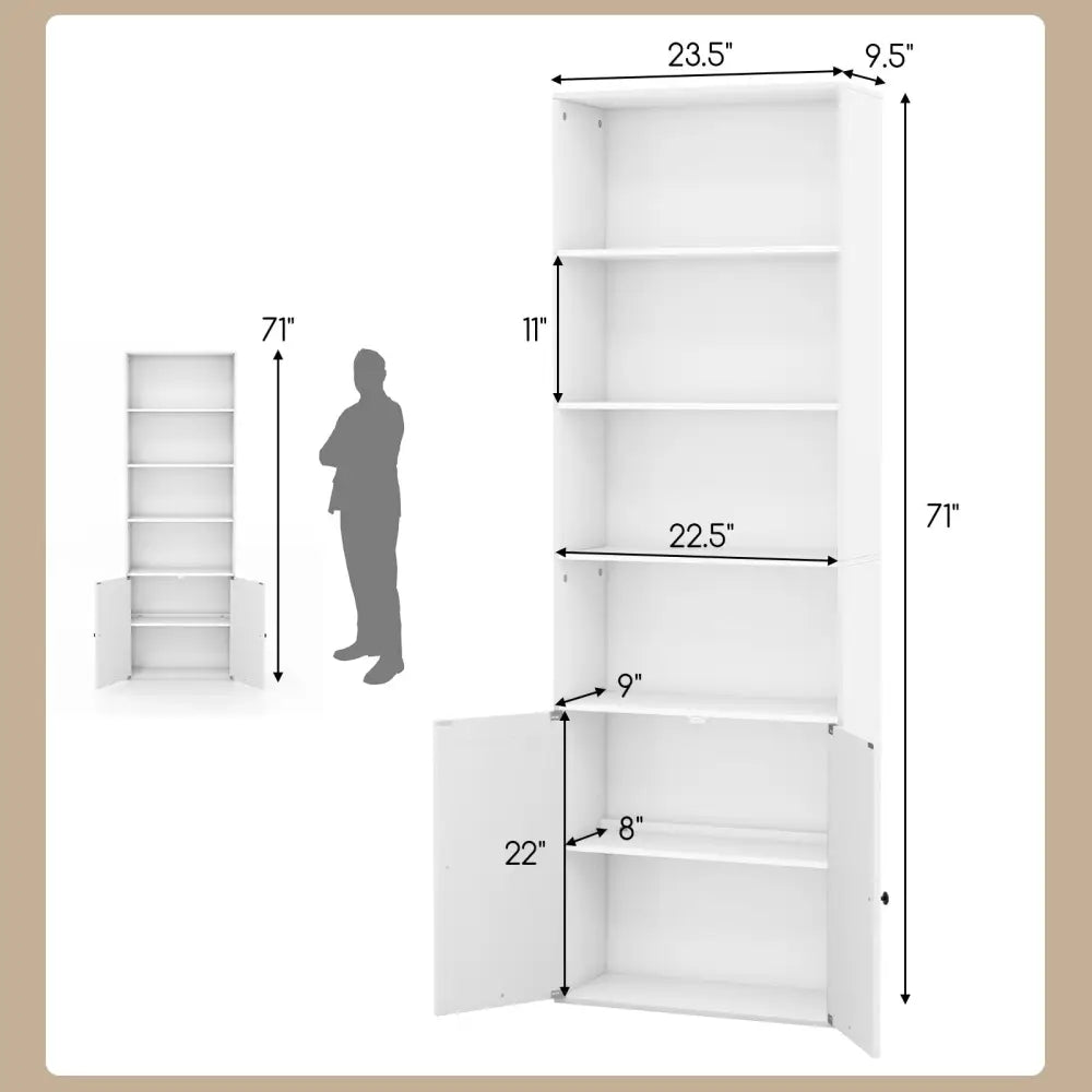 71 Inch Freestanding Bookshelf with 6 Shelves and 2-Door Cabinet-White - White - Bookcases