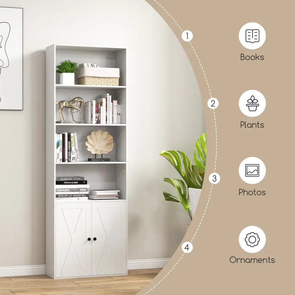 71 Inch Freestanding Bookshelf with 6 Shelves and 2-Door Cabinet-White - White - Bookcases