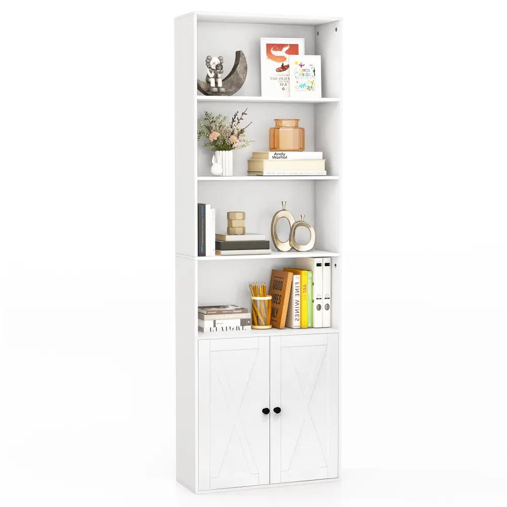 71 Inch Freestanding Bookshelf with 6 Shelves and 2-Door Cabinet-White - White - Bookcases