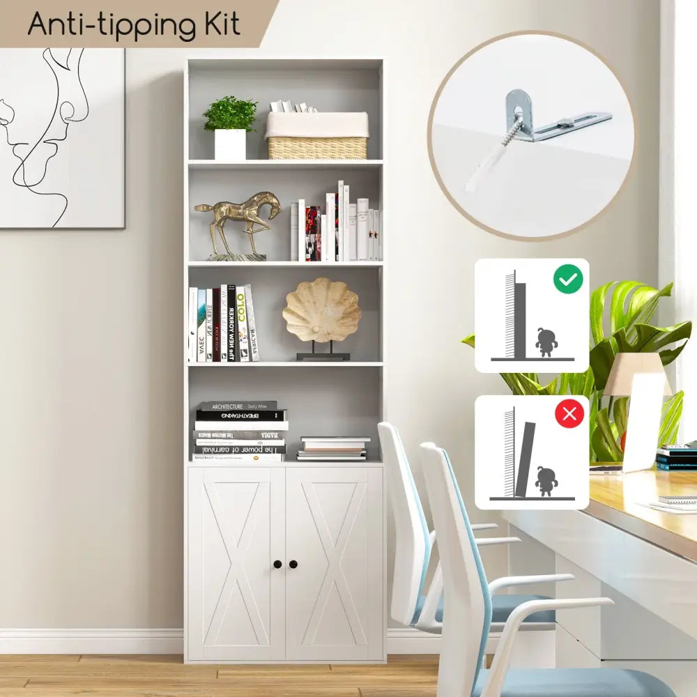 71 Inch Freestanding Bookshelf with 6 Shelves and 2-Door Cabinet-White - White - Bookcases