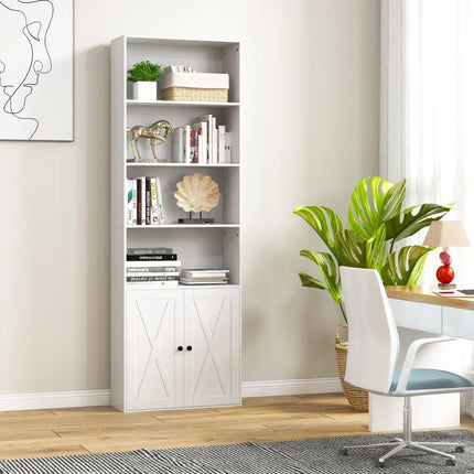 71 Inch Freestanding Bookshelf with 6 Shelves and 2-Door Cabinet-White - White - Bookcases