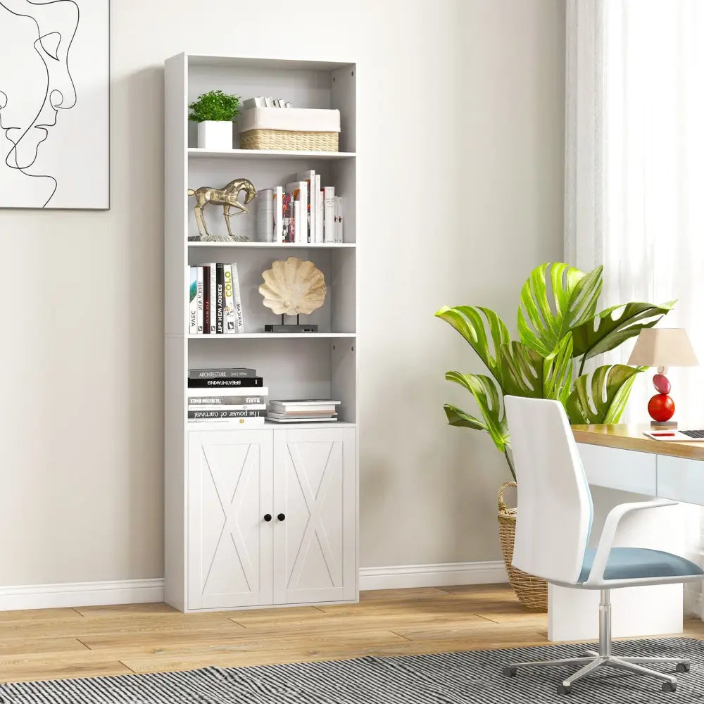 71 Inch Freestanding Bookshelf with 6 Shelves and 2-Door Cabinet-White - White - Bookcases