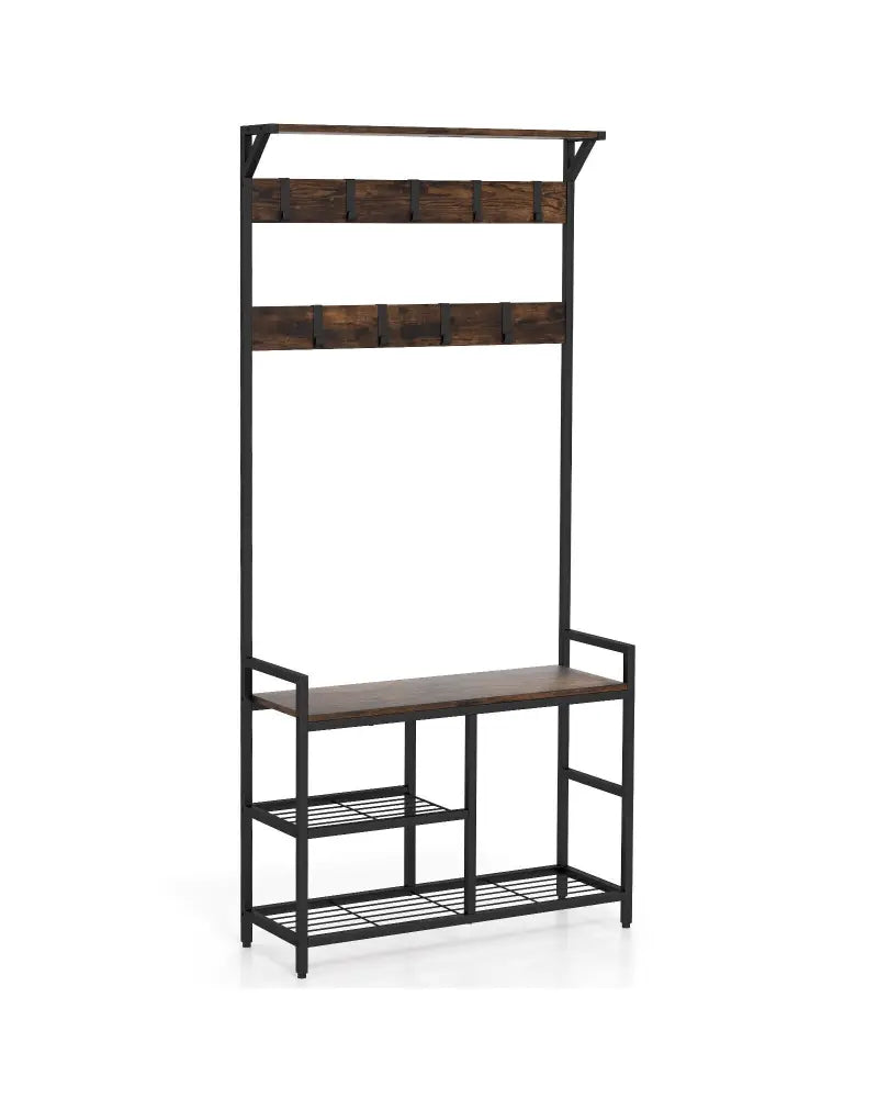 71 Inch Freestanding Hall Tree with Shoe Bench and 9 Removable Hooks-Rustic Brown - Rustic Brown - Coat Racks & Hall