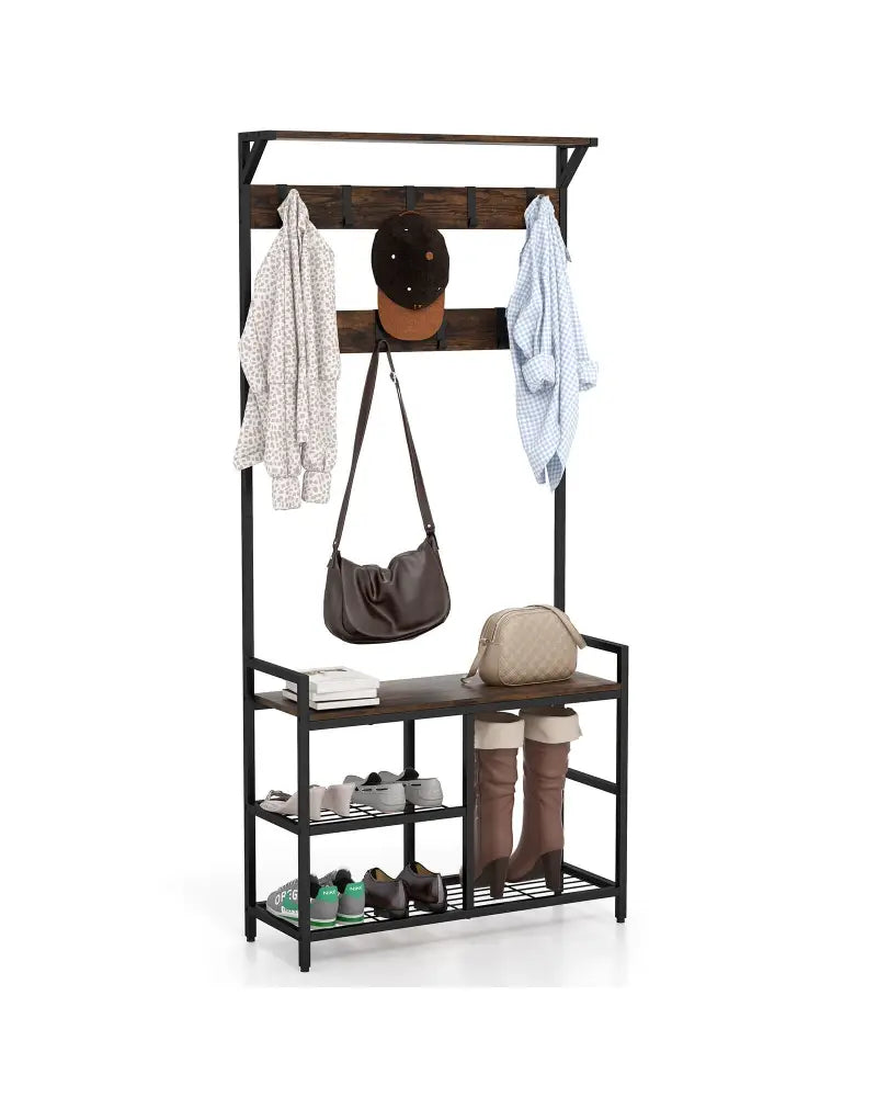 71 Inch Freestanding Hall Tree with Shoe Bench and 9 Removable Hooks-Rustic Brown - Rustic Brown - Coat Racks & Hall