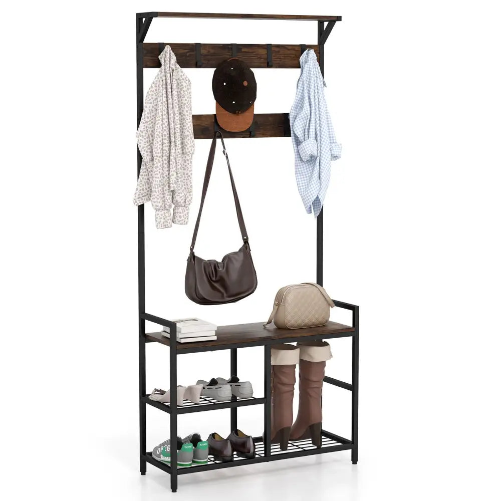 71 Inch Freestanding Hall Tree with Shoe Bench and 9 Removable Hooks-Rustic Brown - Rustic Brown - Coat Racks & Hall