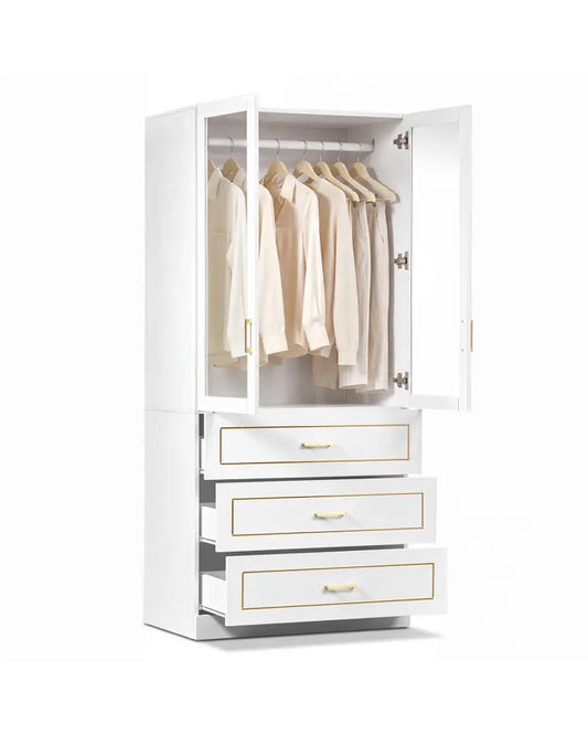 71 Inch Freestanding Wooden Clothing Storage Cabinet with Drawers-White - White - Clothing & Closet Storage