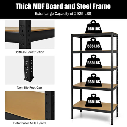 71 inch Heavy Duty Steel Adjustable 5 Level Storage Shelves-Black - Black - Garages
