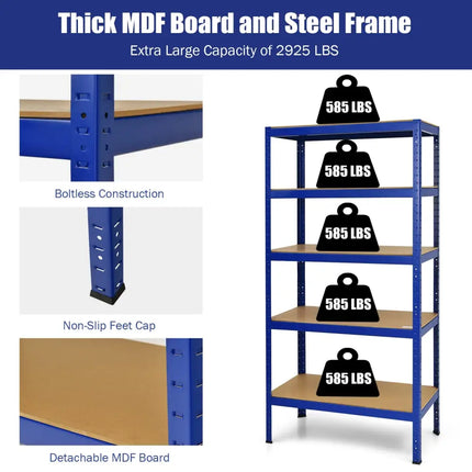 71 inch Heavy Duty Steel Adjustable 5 Level Storage Shelves-Blue - Blue - Garages