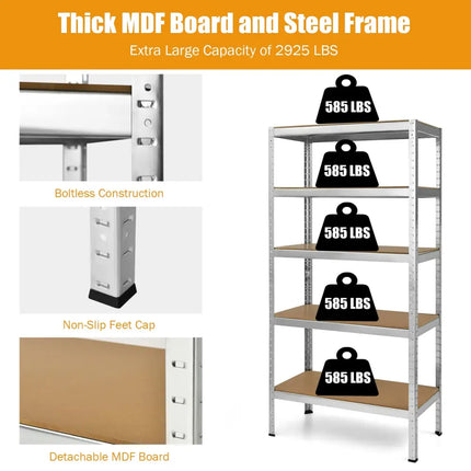71 inch Heavy Duty Steel Adjustable 5 Level Storage Shelves-Silver - Silver - Garages