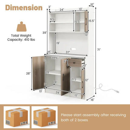 71 Inch Kitchen Pantry Storage Cabinet Buffet Sideboard with Built-in Charge Station-White - White - Sideboards