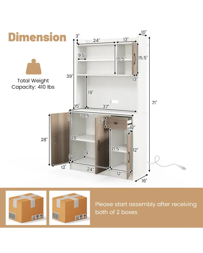 71 Inch Kitchen Pantry Storage Cabinet Buffet Sideboard with Built-in Charge Station-White - White - Sideboards