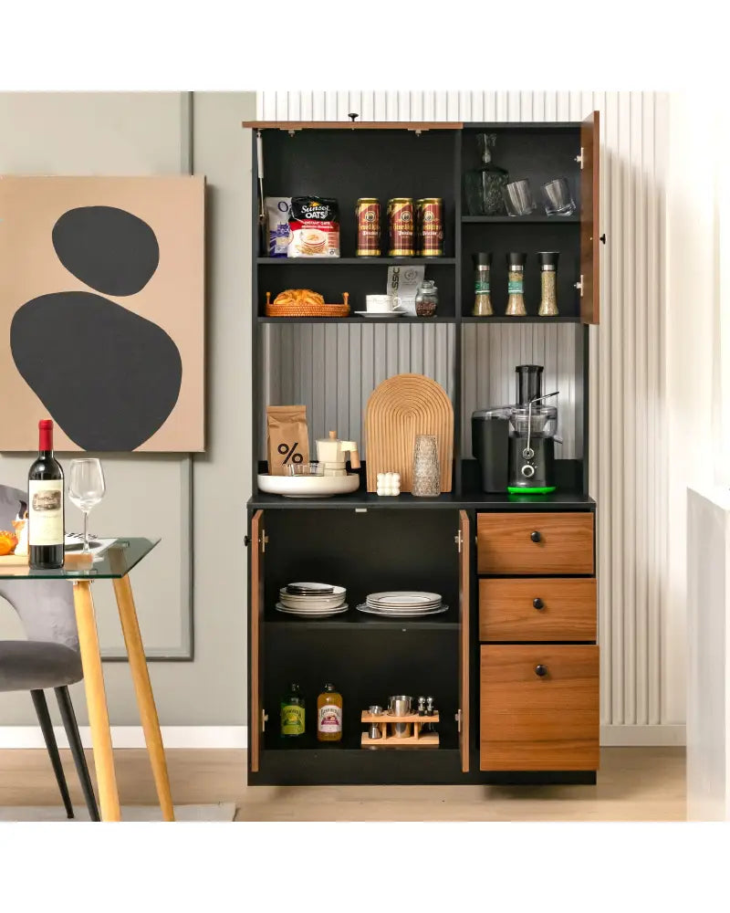 71 Inch Kitchen Pantry with 3 Storage Cabinet and 3 Deep Drawers-Black - Black - Sideboards Cabinets & Buffets