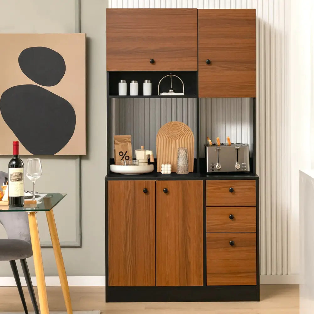 71 Inch Kitchen Pantry with 3 Storage Cabinet and 3 Deep Drawers-Black - Black - Sideboards Cabinets & Buffets
