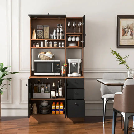 71 Inch Kitchen Pantry with 3 Storage Cabinet and 3 Deep Drawers-Walnut - Walnut - Sideboards Cabinets & Buffets