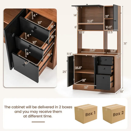 71 Inch Kitchen Pantry with 3 Storage Cabinet and 3 Deep Drawers-Walnut - Walnut - Sideboards Cabinets & Buffets