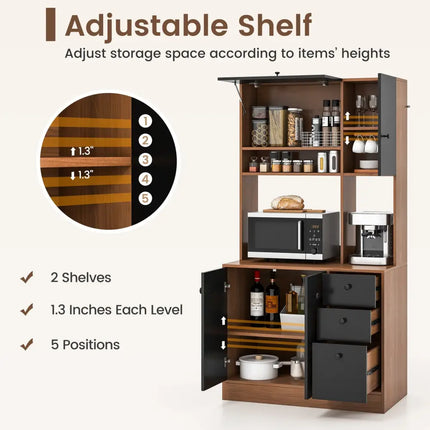 71 Inch Kitchen Pantry with 3 Storage Cabinet and 3 Deep Drawers-Walnut - Walnut - Sideboards Cabinets & Buffets