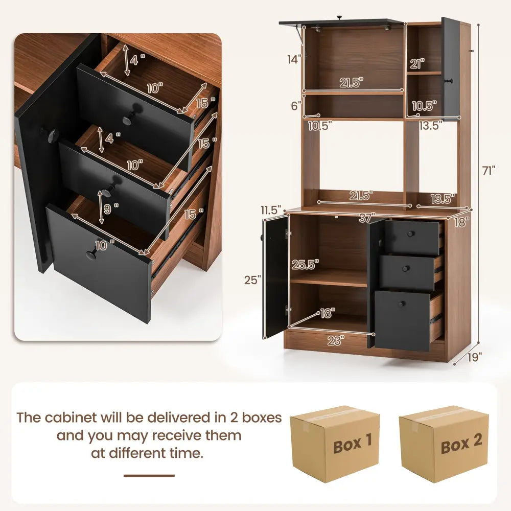 71 Inch Kitchen Pantry with 3 Storage Cabinet and 3 Deep Drawers-Walnut - Walnut - Sideboards Cabinets & Buffets