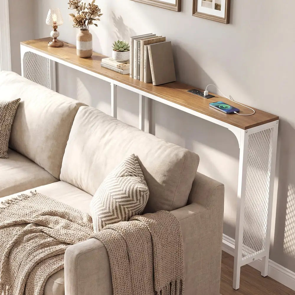 71 Inch Narrow Console Table with Power Outlet for Small Space-Natural - Natural - Console Tables