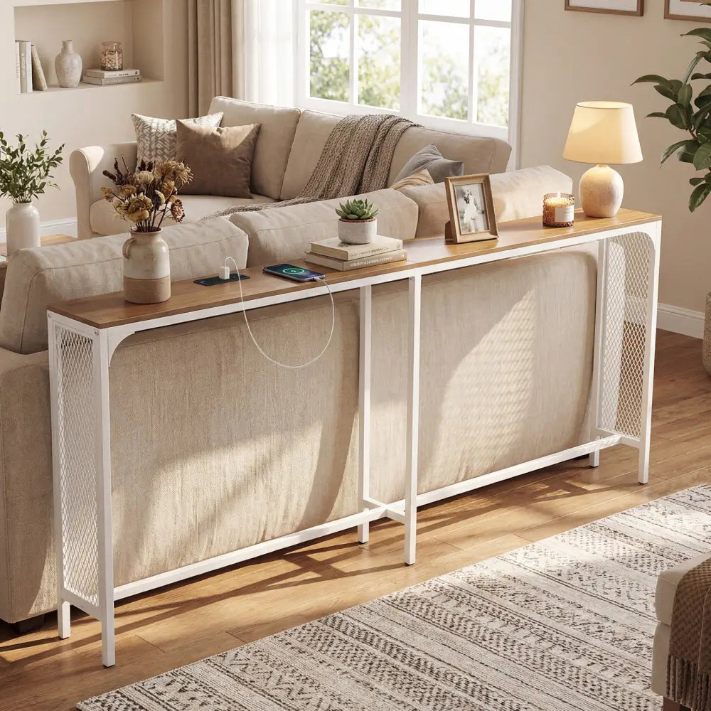 71 Inch Narrow Console Table with Power Outlet for Small Space-Natural - Natural - Console Tables