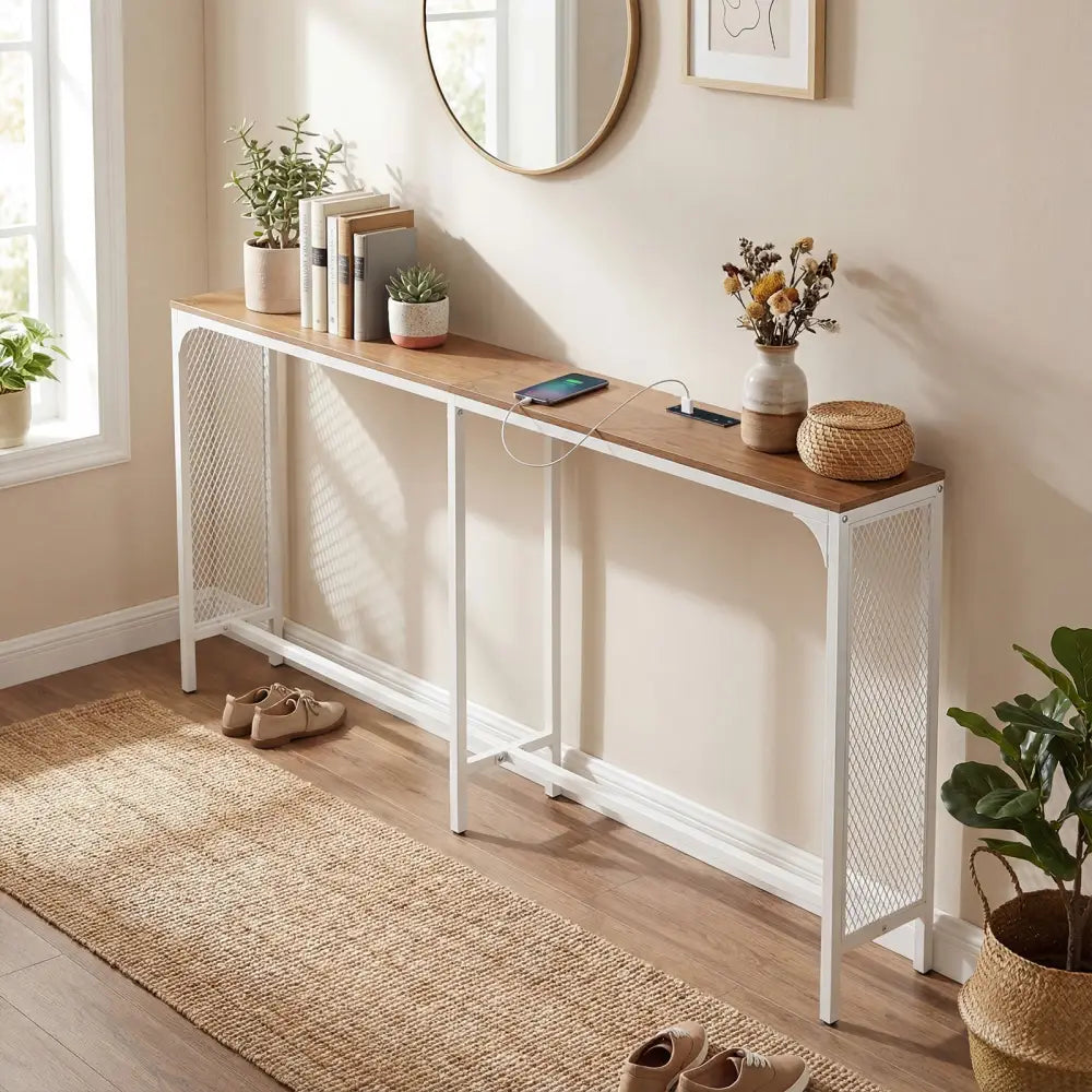 71 Inch Narrow Console Table with Power Outlet for Small Space-Natural - Natural - Console Tables
