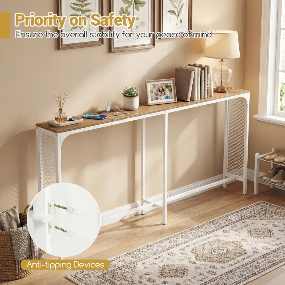 71 Inch Narrow Console Table with Power Outlet for Small Space-Natural - Natural - Console Tables