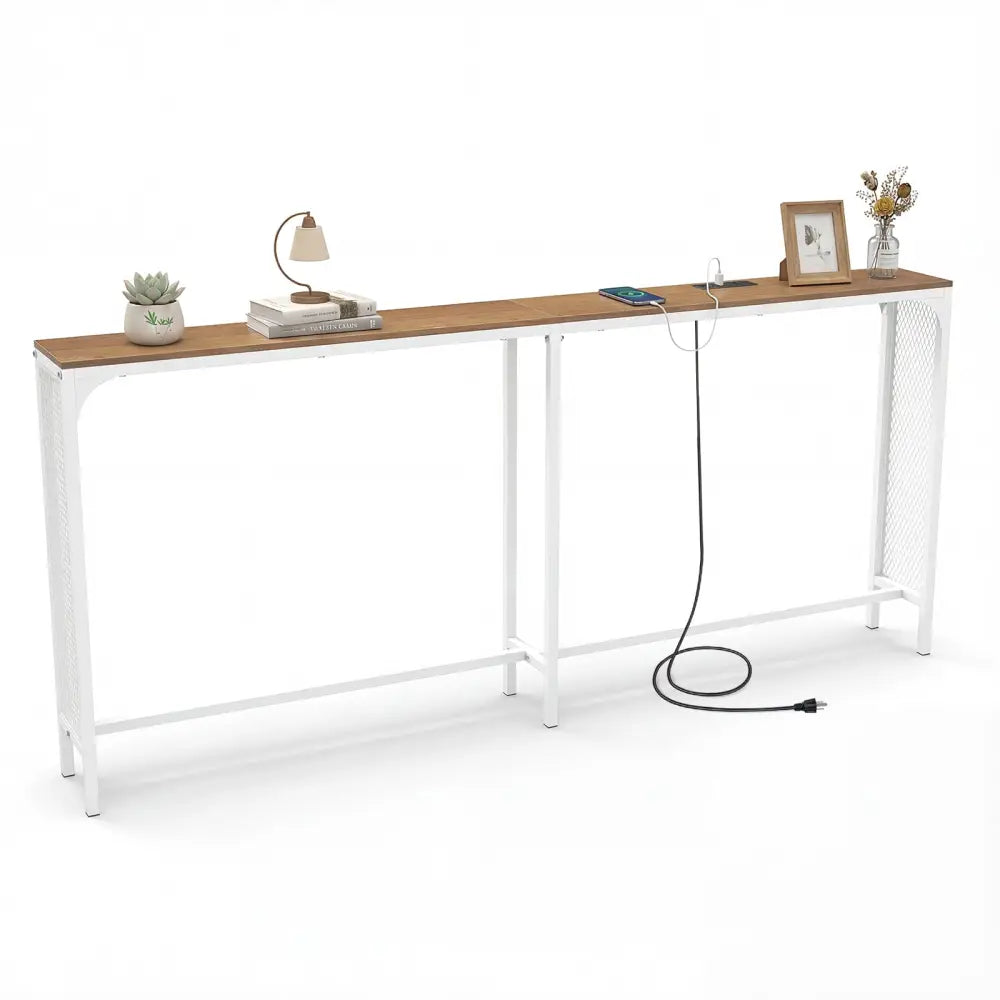 71 Inch Narrow Console Table with Power Outlet for Small Space-Natural - Natural - Console Tables