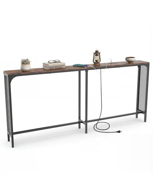 71 Inch Narrow Console Table with Power Outlet for Small Space-Rustic Brown - Rustic Brown - Console Tables